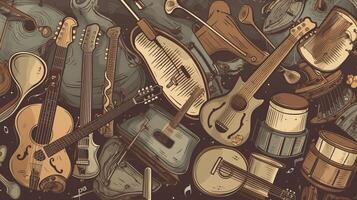 música día, ilustración antecedentes con un conjunto de gráfico kotnur instrumentos ai generado. foto