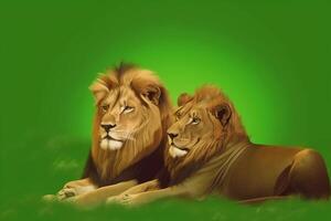 Lions lie in the day of Africa in nature on a green background. . photo