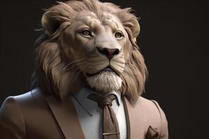 Gentleman, the boss is a formidable lion with a mane in a hat, suit and tie. Banner header. . photo