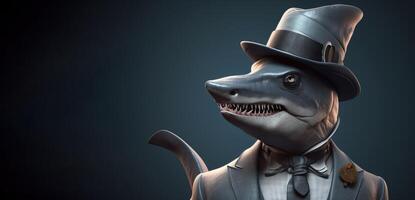 Gentleman shark boss in hat, suit and tie. Banner header. . photo