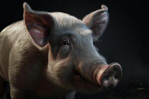 Domestic farm pig close-up on a black dark background. . photo