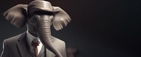 Gentleman boss elephant with a trunk and big ears wearing a hat, suit and tie. Banner header. . photo