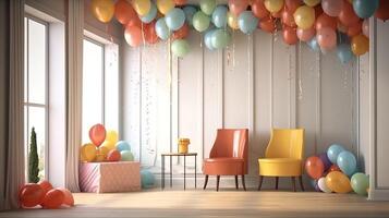 el niños habitación es decorado para el celebracion de el cumpleaños, vistoso globos, cintas ai generado. foto