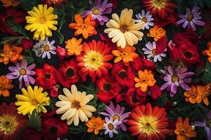 Texture of live mixed field multicolored blooming flowers for background, wallpaper. . photo