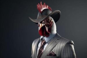 Gentleman, boss rooster with red crest in hat, suit and tie. Banner header. . photo