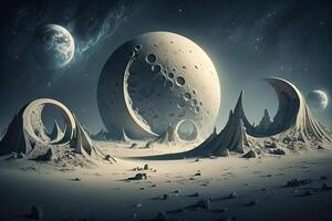 Illustration of space base on moon for astronauts on background of planet. . photo