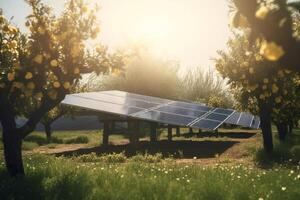 Solar panel in an orchard in sun. Clean technologies of future. . photo