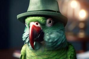 Mr green parrot gentleman in boss hat and scientist. . photo