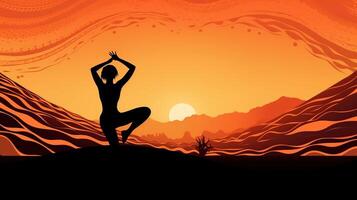 International day of yoga, graphic contours of a woman on the background of the sun. . photo