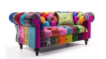 Chesterfield sofa from multi-colored fabric, patchwork, on a white background. . photo