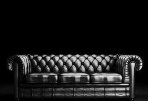 Chesterfield sofa made of black leather on a dark background, isolate. AI generated. photo