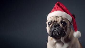 Pet funny dog in a Christmas cap on a dark background, isolate. . photo