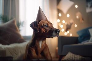 Dog in a party cap on a birthday on a holiday. Decorated room. . photo