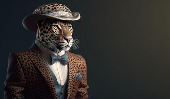 hidalgo, el jefe es un formidable manchado leopardo en un sombrero, traje y atar. bandera encabezamiento. ai generado. foto