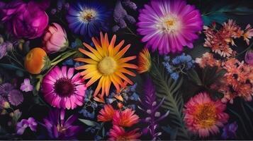 Texture of live mixed european multicolored blooming flowers for background, wallpaper. . photo