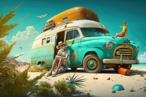 Illustration of a family with a car driving on the road on a trip to the seaside vacation. . photo