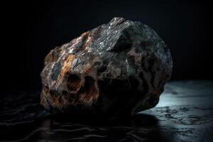 pudretita es un raro precioso natural geológico Roca en un negro antecedentes en bajo llave. ai generado. foto