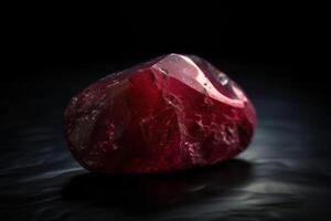 rojo berilo es un raro precioso natural geológico Roca en un negro antecedentes en bajo llave. ai generado. foto