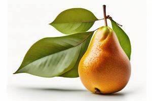 Ripe pear with a leaf, isolate on a white background. Macro studio shot. . photo