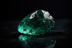 Emerald is a rare precious natural geological stone on a black background in low key. . photo