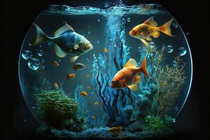 Exotic small fish in an aquarium with corals and algae in blue water on a dark won. . photo