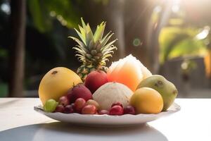 Plate of exotic tropical fruits including Litchi, pitaya, Durian, pineapple, mango, coconut, Guajava, Passion fruit, Passiflora, Kiwano Melon, manadrin, orange, lemon, wood apple. . photo