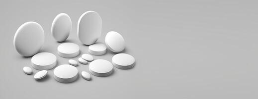 White medical pills in bulk of various shapes on a gray background. Header banner mockup with space. . photo