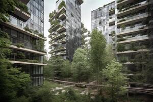 Urban sustainability. Insulation and nearby forest reduce heat and emissions in glass buildings. photo
