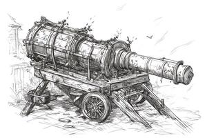 Ballista weapon. Medieval line art sketch on white background. photo