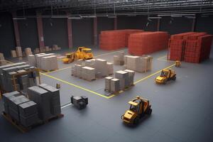 3D warehouse simulation with smart technology and robot transportation. photo