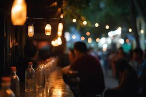 bokeh antecedentes de al aire libre calle bar en Asia, personas frío fuera y escucha a música juntos. ai generado foto