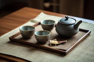 japonés té conjunto en estera. ai generado foto