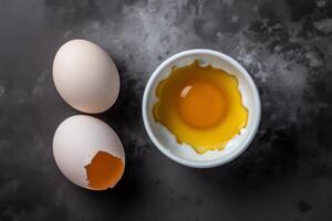 parte superior ver de alto proteína huevo yema de huevo y blanco. ai generado foto