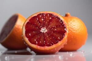 rojo naranjas con agua gotas en blanco antecedentes. ai generado foto