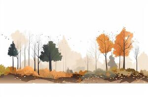 Forest line with trees, grass, and fallen leaves on white background. photo