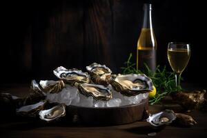 Oyster feast and white wine in vibrant seafood eatery. photo