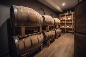 Wine storage with oak barrels for vintage wine, whiskey, and rum. photo