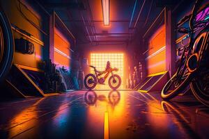 Bicycle in a neon garage. Neural network photo