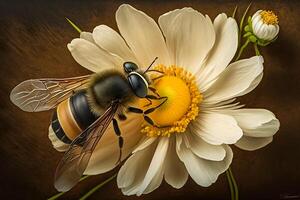 bee on chamomile closeup. Neural network photo