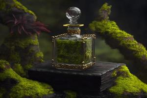 Perfume bottle in a green forest on a mossy substrate. Neural network generated art photo