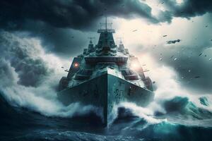 Warship at sea during a storm. Neural network art photo