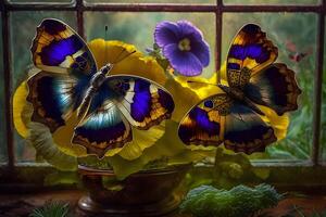 Amazing background with butterflies and flowers. Neural network photo