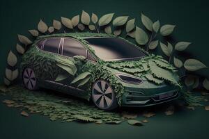 Concept of a ecology car made from green leaves. Neural network photo