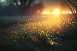 Grass filled with dew on a sunrise morning. Neural network photo