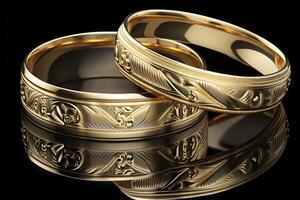 Original gold wedding rings on a dark background. Neural network photo