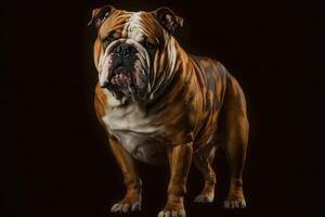 Portrait of an old english bulldog on a black background. Neural network photo