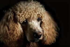 retrato de un caniche perro en un negro antecedentes. neural red ai generado foto