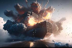 Epic explosion on a cargo ship. Neural network photo