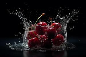 cerezas en un chapoteo de agua en un negro antecedentes. neural red ai generado foto