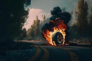 Wheel, tire burning on the track. Neural network photo